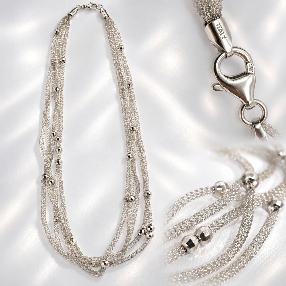Beautiful Estate Sterling .925 Silver Multi Strand Necklace 18” Italy